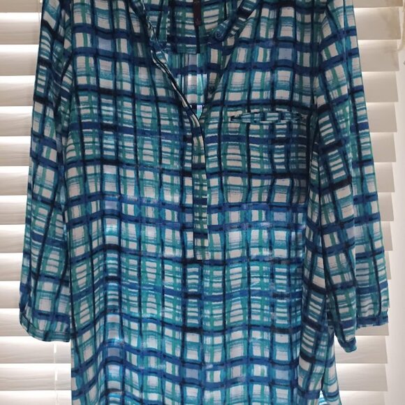 NYDJ L Blue Green Painterly Plaid Chiffon Tunic Top 3/4 Sleeve Pullover - Picture 7 of 8